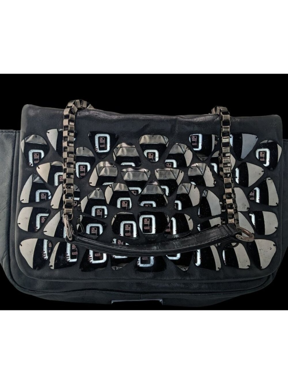 Zara Black Faux Leather Shoulder Bag With Mirrored Accents & Chain Strap